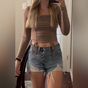 Fashion Nova Taupe Ruched Long Sleeve Crop Top